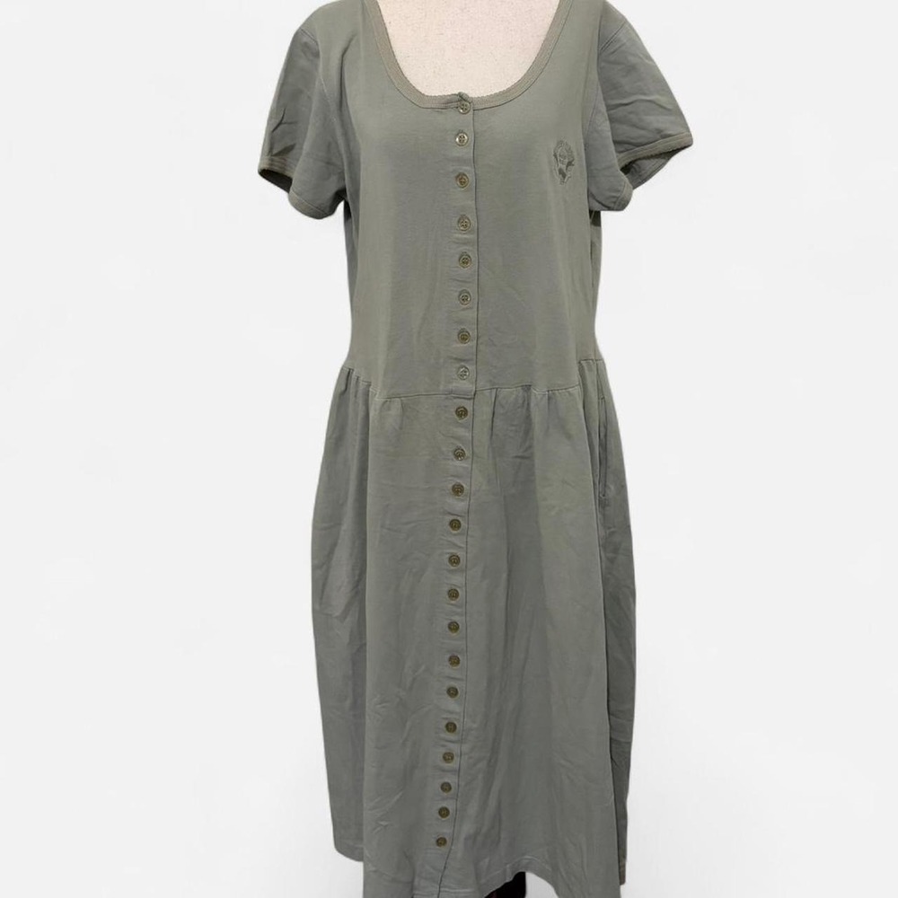 Pierre Cardin Vintage Sage Green Cotton Button Down Drop Waist Midi Dress L